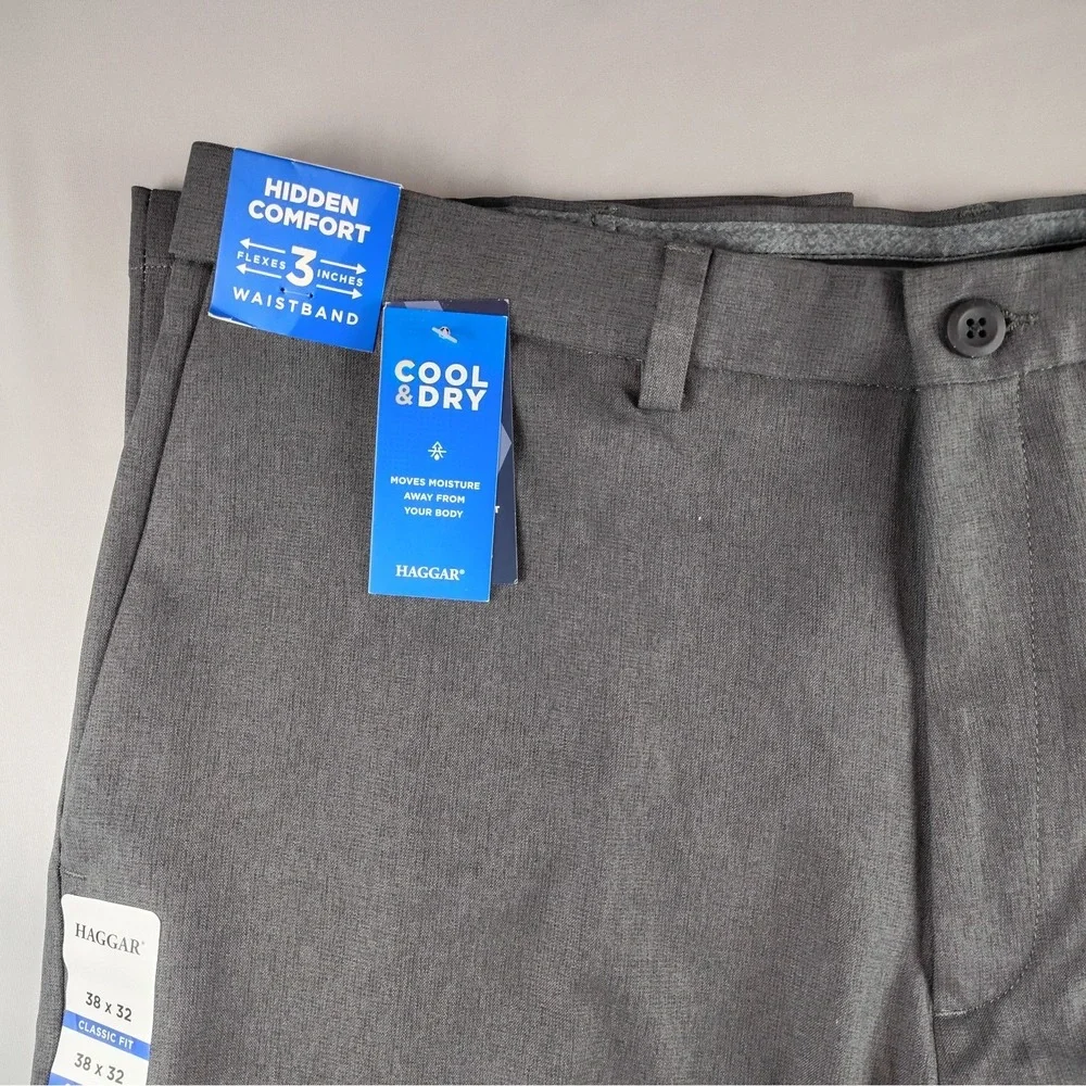 NWT Haggar Pants Mens 38x32 Dark Gray Cool Right Performance Flex Classic Fit